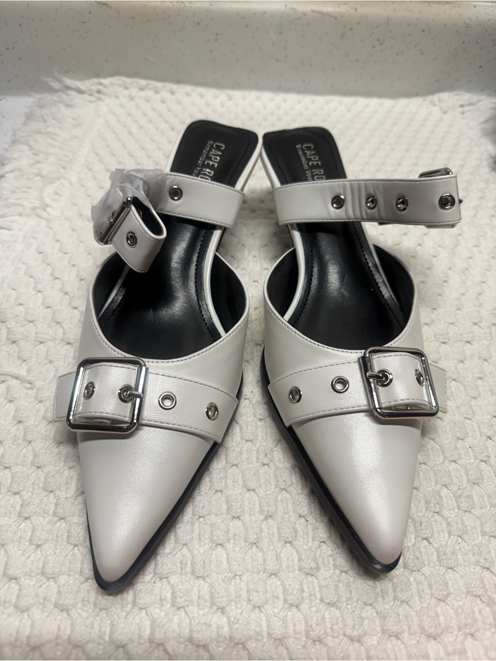 Cape Robbin White Pointed Buckle Mules with Ankle Strap Accents